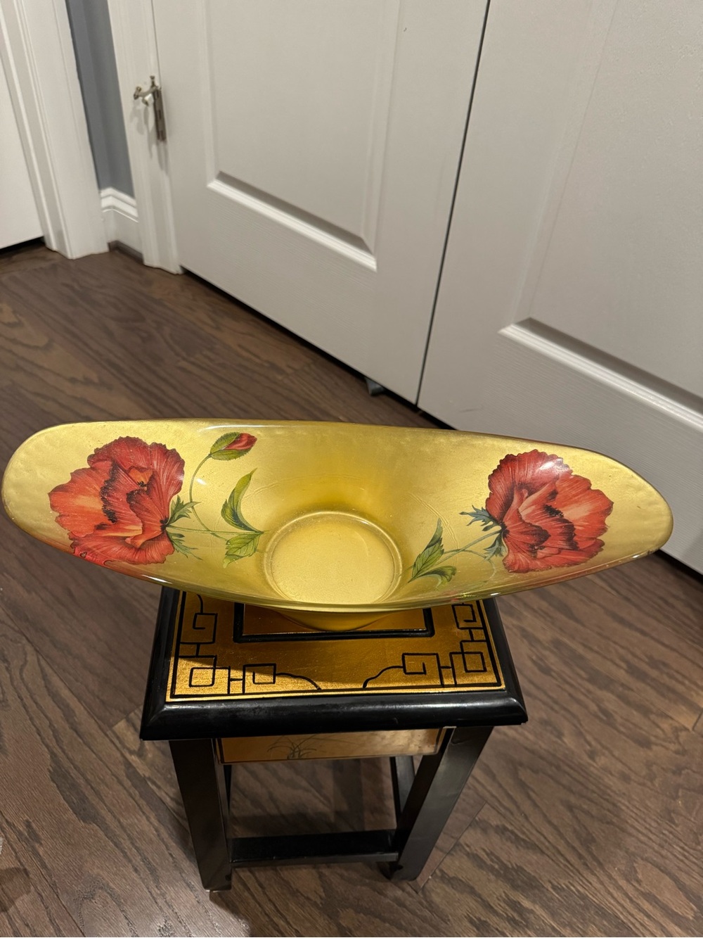 Gold Glass Poppy Centerpiece Bowl - 16” Red Floral Decorative Art Glass